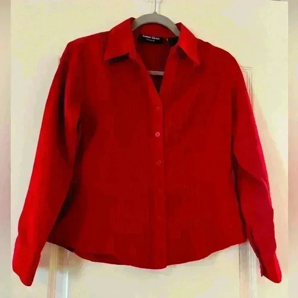 EUC Lemon Grass Studio Dark Red Button Down Polyester Blouse Women’s PS